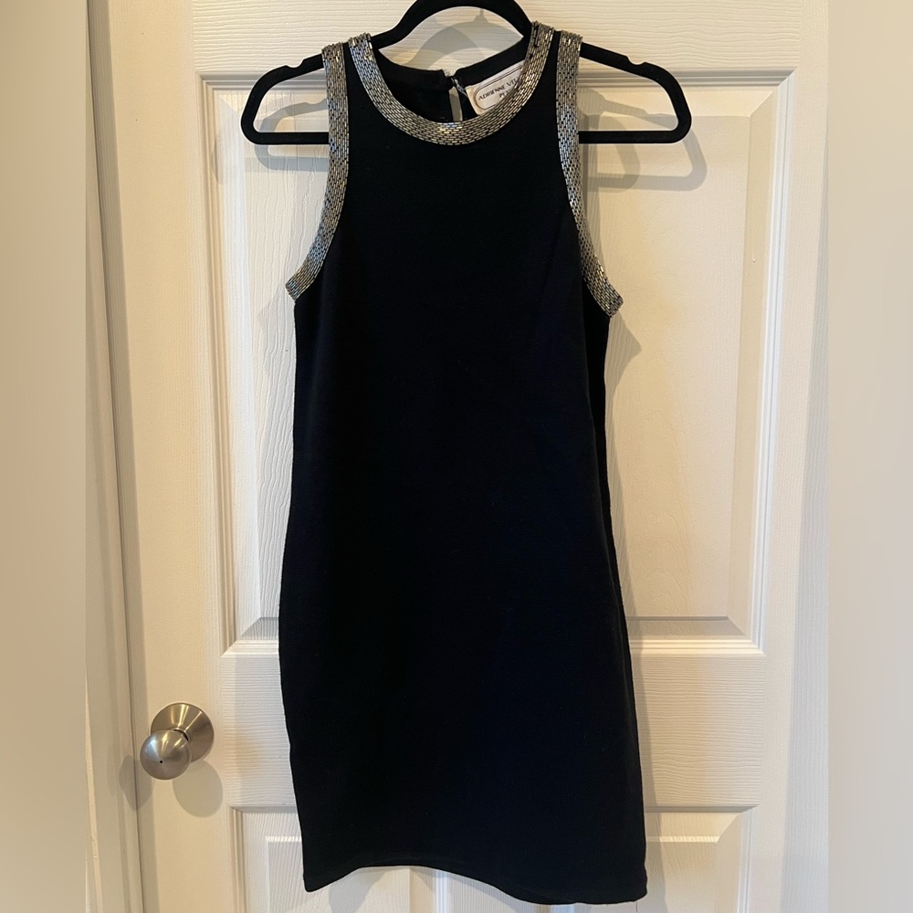 Adrienne Vittadini Vintage Wool Black Dress with Silver Beaded Trim Size XS